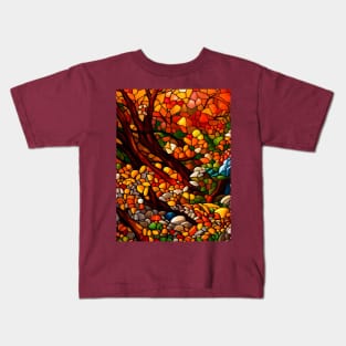 Stained Glass Autumn Foliage Kids T-Shirt